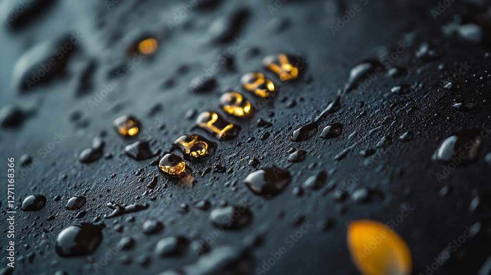 Aufkleber Macro shot of water droplets on a dark surface with golden letters reflecting light : Generative AI