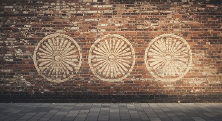 Fototapeta premium Three Circular Designs on Brick Wall with Paved Ground Urban Scene