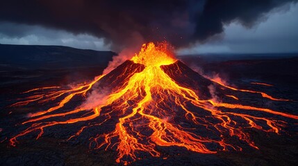 Volcanic landscapes idea. A stunning eruption of a volcano with flowing lava, smoke, and dramatic skies above.
