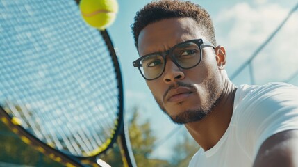 Myopia prevention with a man wearing glasses playing tennis outdoors. Wellness, fitness, and eye protection
