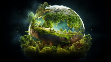 A glowing green Earth surrounded by trees and nature, representing ecological balance and conservation.
