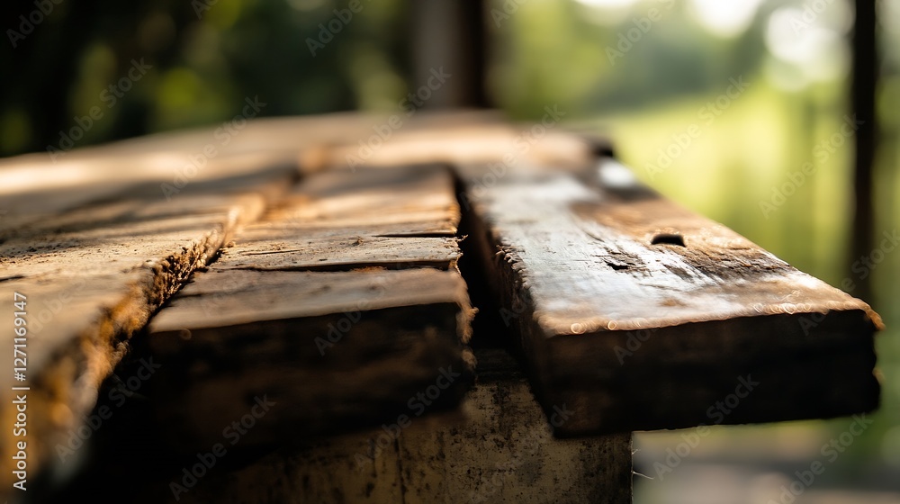 Aufkleber close up of wooden planks with natural grain patterns in soft sunlight highlighting rustic charm : g