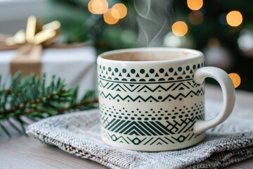 Fototapeta premium Cozy coffee mug with steam on a festive surface surrounded by greenery and soft warm lights, perfect for winter vibes