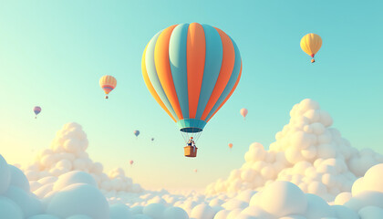 Fototapeta premium Colorful hot air balloon flying above fluffy clouds