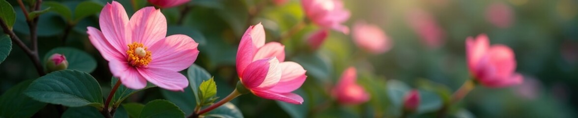 Delicate pink petals unfolding in dense foliage, flowers in foliage, flowering plants