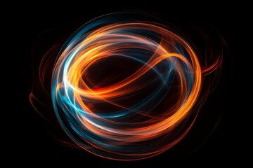 Glowing abstract sphere with swirling orange and blue light trails on a dark background. Futuristic energy vortex, dynamic motion, and sci-fi aesthetics.