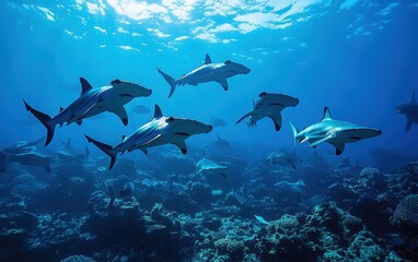 Fototapeta premium A group of hammerhead sharks patrolling the depths
