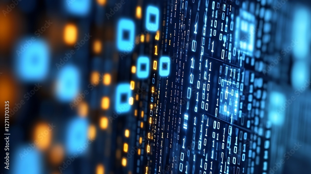 Poster Abstract digital matrix with glowing blue and orange binary code for technology backgrounds : Generative AI