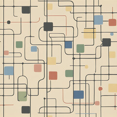 Abstract Mid Century Modern Geometric Pattern Beige Background with Retro Colored Shapes Intersections