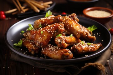 Fototapeta premium Traditional Asian recipe for chicken wings with sesame and sauce