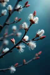 Dark blue branch with delicate willow branches and fluffy white catkins, flowers, botanical, landscape