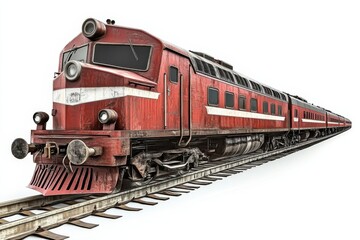 Fototapeta premium A vintage red train is displayed on a straight railway track, showcasing its unique design and weathered appearance against a white background.