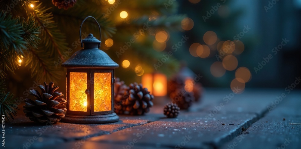 Wall mural pinecone lanterns aglow around the christmas tree, glowing, lanterns