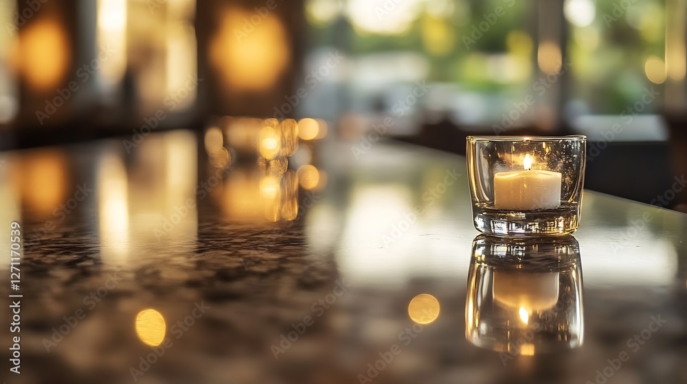 Leinwandbilder a lit candle in a glass holder reflecting warm light on a beautifully polished surface creating a ca