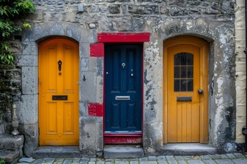 Photo of Bright color european style wooden doors. Detailed image