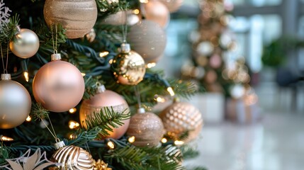 Elegant and Festive Christmas Tree Adorned with Golden and Rose Ornaments in Bright Light Atmosphere