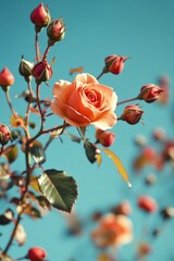 A single rose blooms on a branch against a clear blue sky