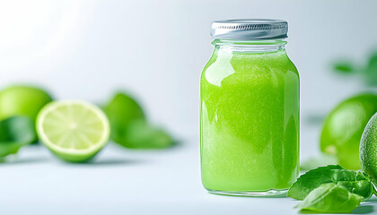 Green lime juice in bottle, surrounded by limes, on table with plain background
