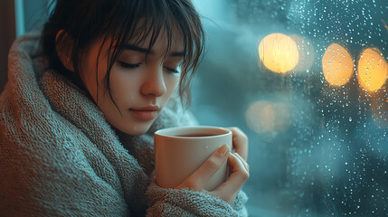 Cozy Woman Wrapped in a Blanket, Holding Tea by a Rainy Window