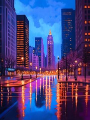 Fototapeta premium Vibrant cityscape at dusk with illuminated skyscrapers reflecting in wet streets