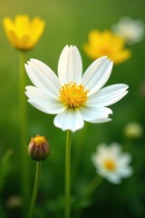 White corolla and yellow stamens in a field with other wildflowers, other wildflowers, yellow