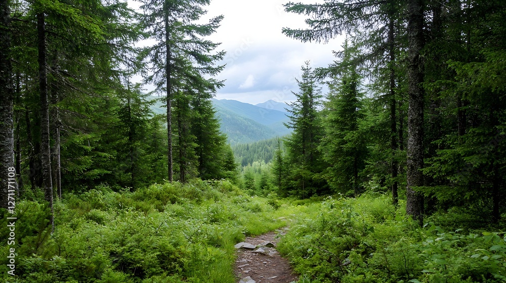 Poster Scenic Forest Pathway Surrounded by Lush Green Trees and Mountains in the Background : Generative AI