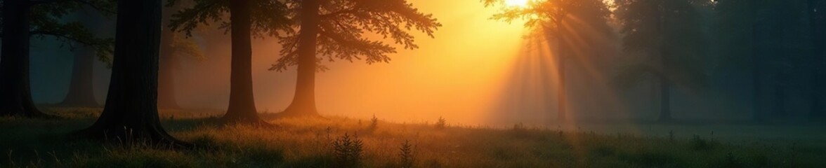 Obraz premium Softly glowing golden light on misty forest surface at dusk, warm, mist, gentle