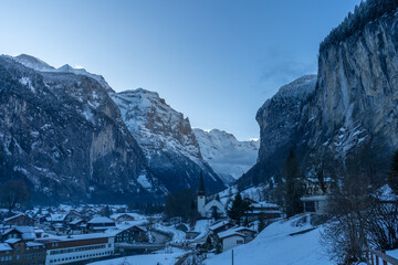 Fototapeta premium Lauterbrunnen Valley and Snowy Mountains in Winter Morning. Swiss Alps. Switzerland