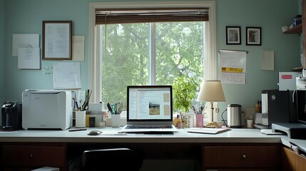 Bright Home Office Workspace with Laptop and Natural Light