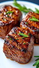 Grilled beef tenderloin steaks with rosemary garnish. Cooking for gourmet meals