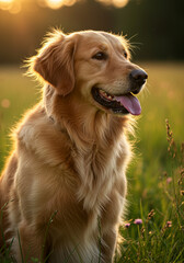 Fototapeta premium Golden Retriever at Sunset in a Meadow