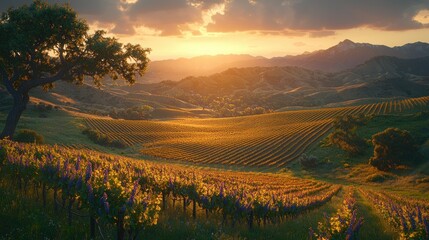 Naklejka premium Sunset vineyard landscape, rolling hills, golden hour, idyllic rural scene, travel poster