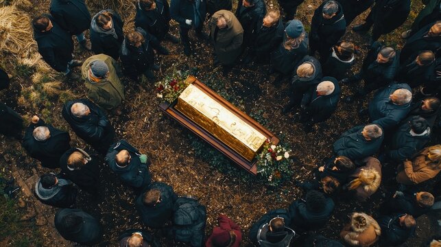 a casket being lowered into the ground, surrounded by mourners.