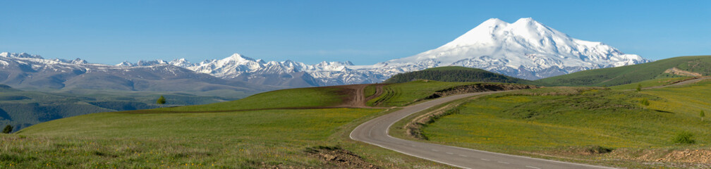 Naklejka premium Panorama of the Caucasus Mountains with a view of Elbrus. Kabardino-Balkaria, Russia