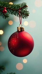 Fototapeta premium Round red Christmas ornament hanging from a branch, red ball, festive color