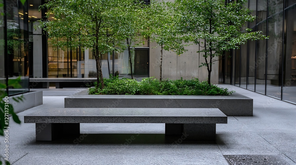 Poster modern urban courtyard with greenery and sleek stone benches creating a serene atmosphere : generati