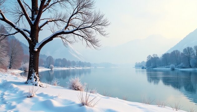 Winter scenery of a bare tree near frozen lake and river, serene scene, peaceful, snowy