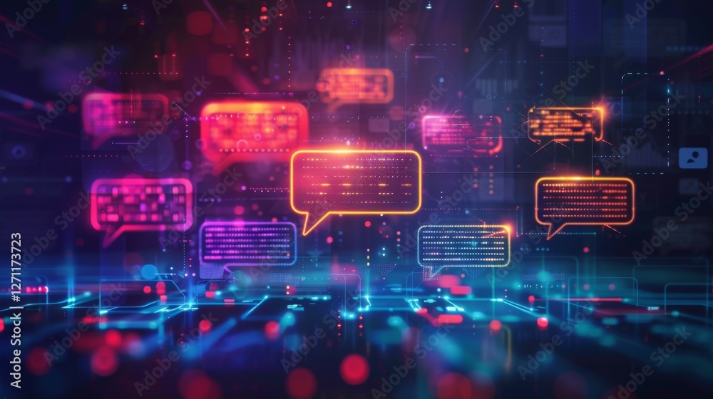 Aufkleber Bright chat bubbles in various colors float against a dark backdrop filled with glowing elements, representing lively discussions in a digital communication platform during the evening.