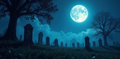 Naklejka premium A full moonlit graveyard with tombstones and shadows, mysterious, graveyard