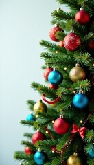 Evergreen tree with colorful ornaments and ribbons, holiday, ornaments