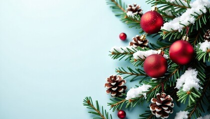 Snowy evergreen branches adorned with red ornaments and pinecones, holiday, decoration