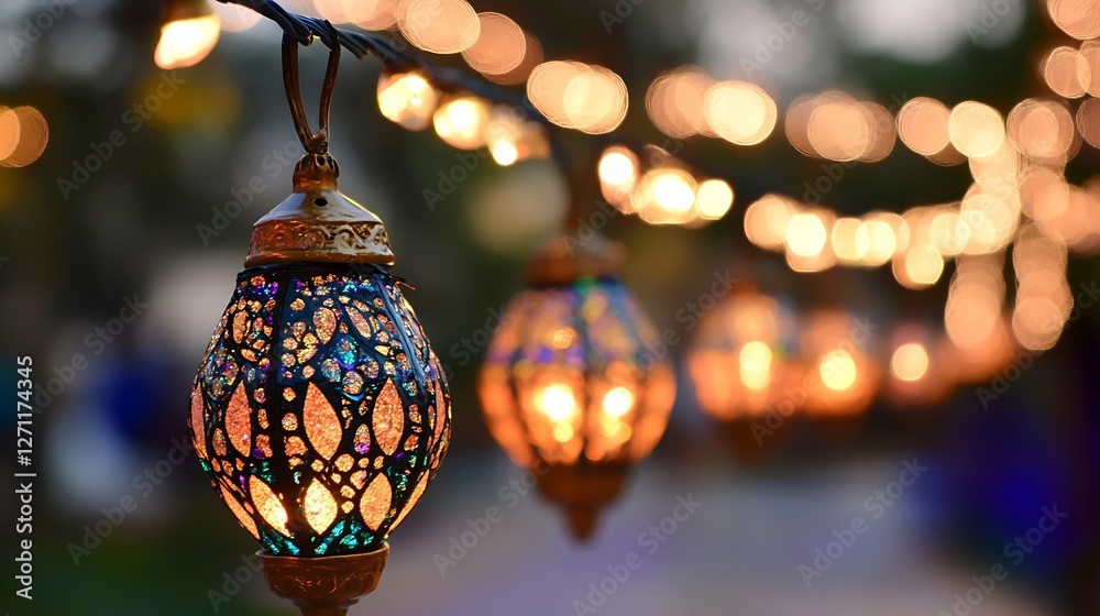 Fototapete colorful decorative lanterns hanging elegantly in a festive atmosphere with soft bokeh lights creati