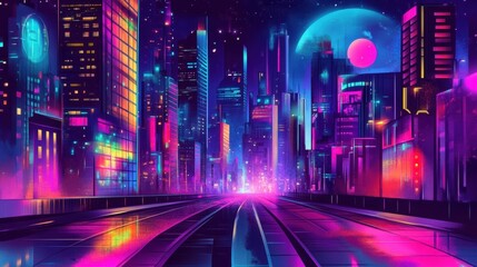 Obraz premium Neon Cityscape Vibrant Nighttime Urban Scene