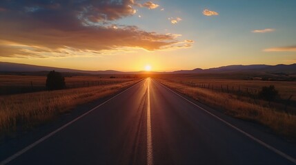 Naklejka premium Serene landscape featuring wide open road under a captivating sunset with golden rays illuminating the horizon : Generative AI