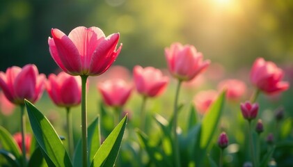 Fototapeta premium Spring morning with dew-covered flowers in the garden, blooms, garden