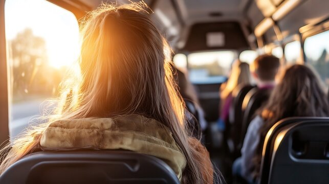 Passengers in a bus enjoying the sunset view from their seats creating a warm atmosphere : Generative AI