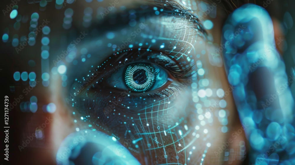 Poster A close view of a human eye reveals glowing digital patterns and data elements.