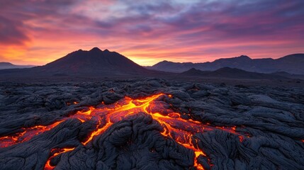 Fototapeta premium Volcanic landscapes concept. A breathtaking view of molten lava flowing through rugged terrain at sunset.