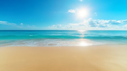 A serene beach scene featuring golden sand, gentle waves, and a bright blue sky with a radiant sun shining overhead.