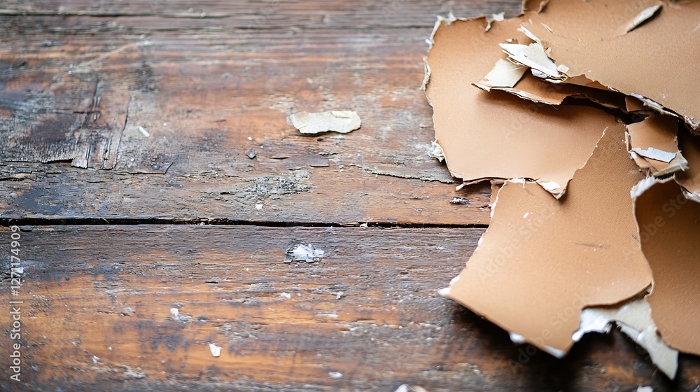 Aufkleber closeup view of torn leather pieces on an old wooden surface showcasing texture and rustic elements 